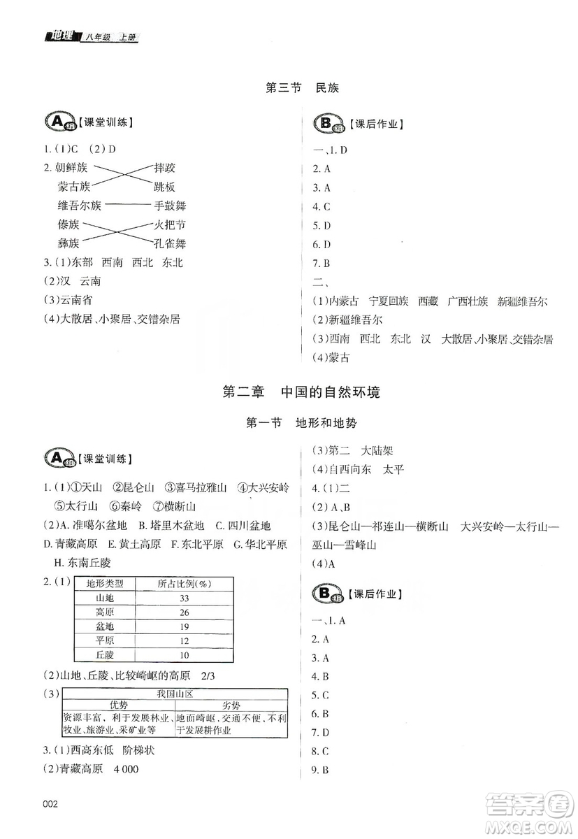 天津教育出版社2019學習質量監(jiān)測八年級地理上冊人教版答案