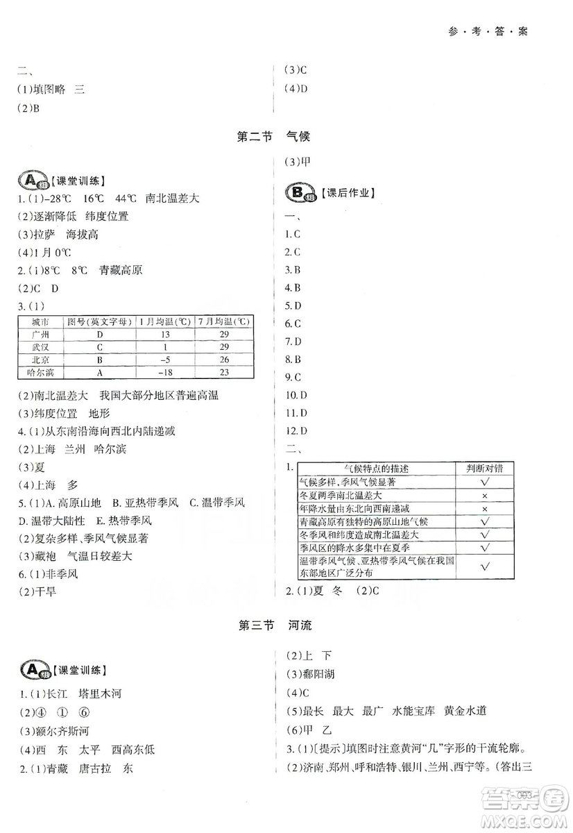 天津教育出版社2019學習質量監(jiān)測八年級地理上冊人教版答案