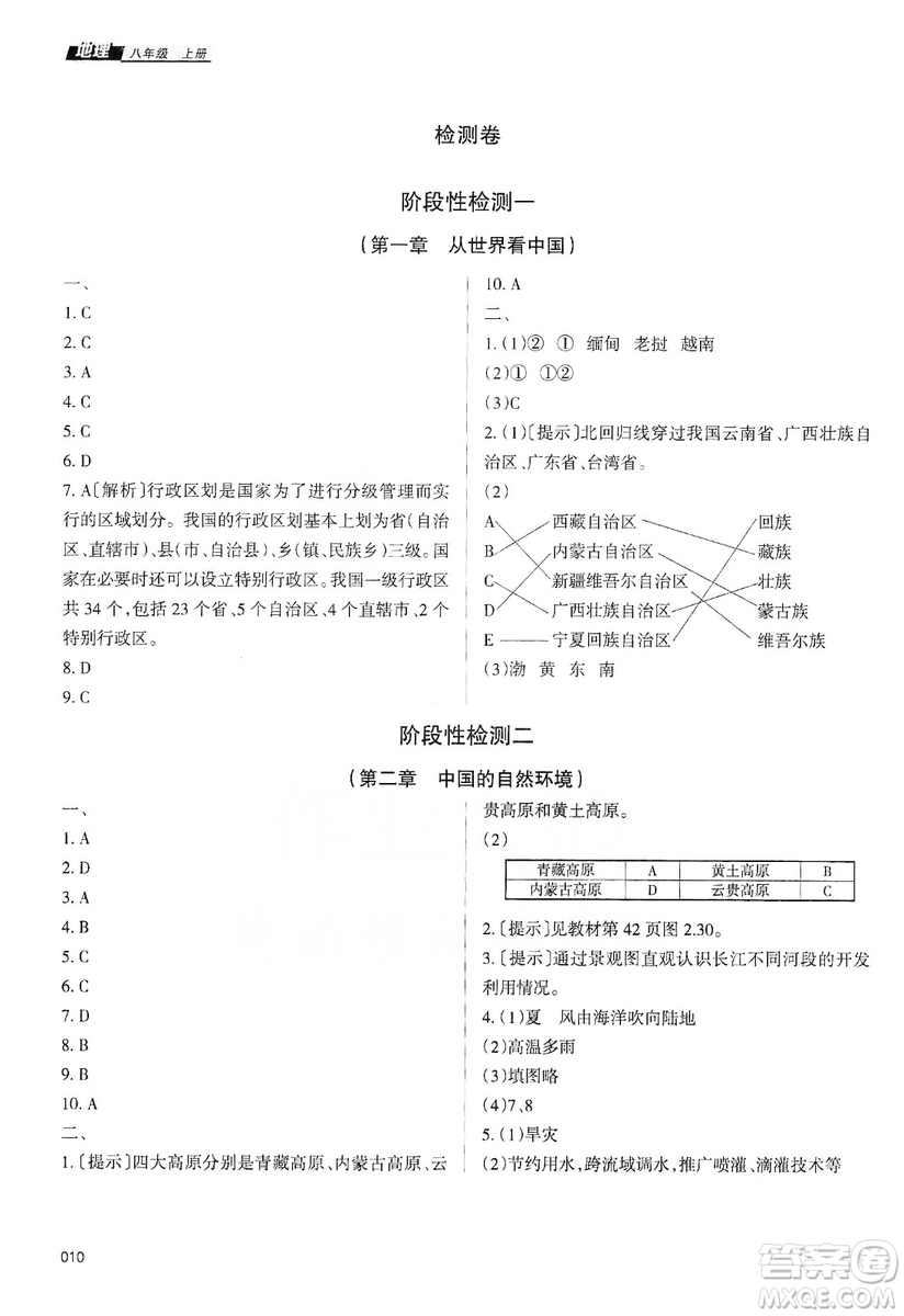 天津教育出版社2019學習質量監(jiān)測八年級地理上冊人教版答案