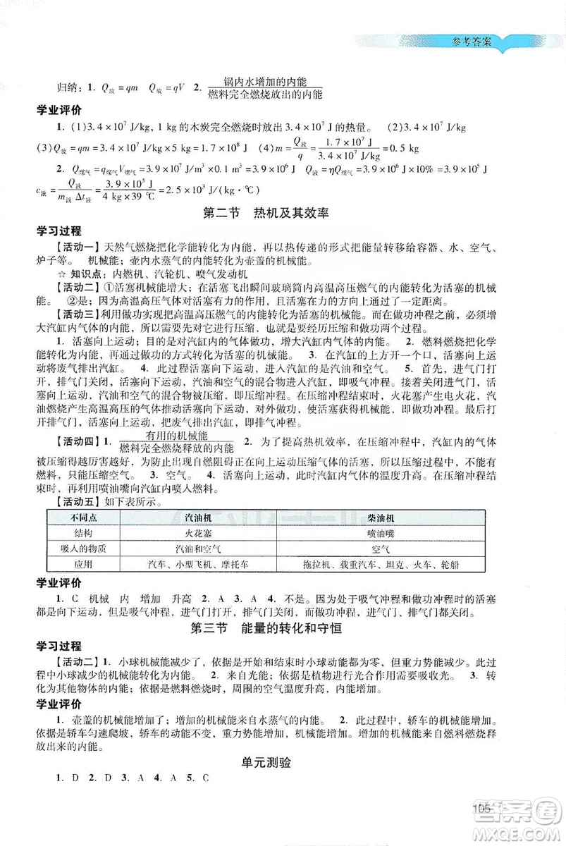 廣州出版社2019陽光學(xué)業(yè)評價物理九年級上冊人教版答案