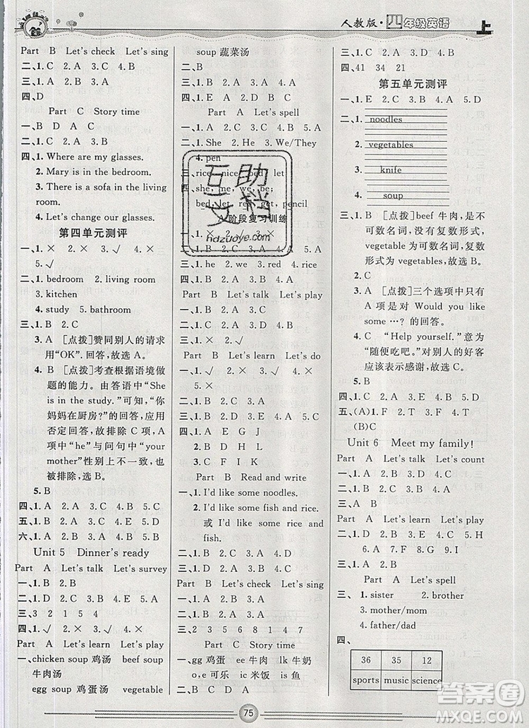 陽光出版社2019年一通百通課時(shí)小練四年級(jí)英語上冊(cè)人教版答案