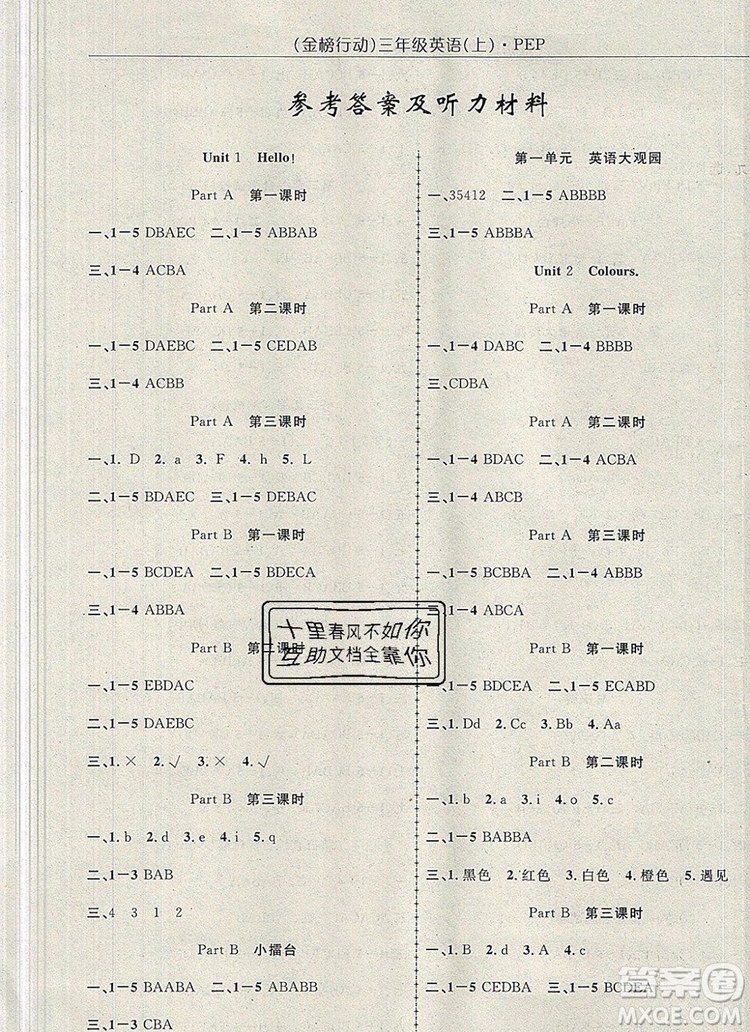 2019年金榜行動(dòng)高效課堂助教型教輔三年級(jí)英語上冊人教版參考答案