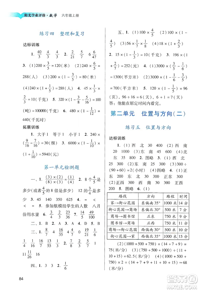 廣州出版社2019陽(yáng)光學(xué)業(yè)評(píng)價(jià)六年級(jí)數(shù)學(xué)上冊(cè)人教版答案