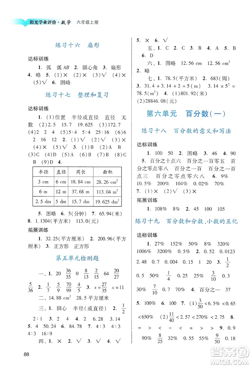 廣州出版社2019陽(yáng)光學(xué)業(yè)評(píng)價(jià)六年級(jí)數(shù)學(xué)上冊(cè)人教版答案