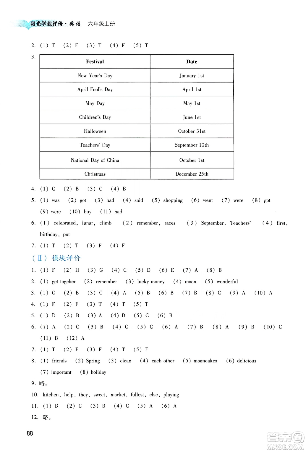 廣州出版社2019陽光學(xué)業(yè)評價六年級英語上冊教科版答案