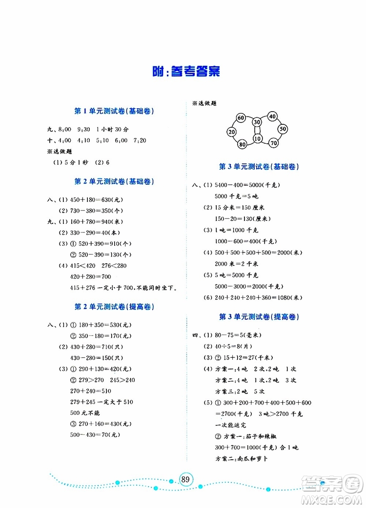 2019年金版小學(xué)數(shù)學(xué)試卷金鑰匙三年級(jí)上冊(cè)人教版參考答案