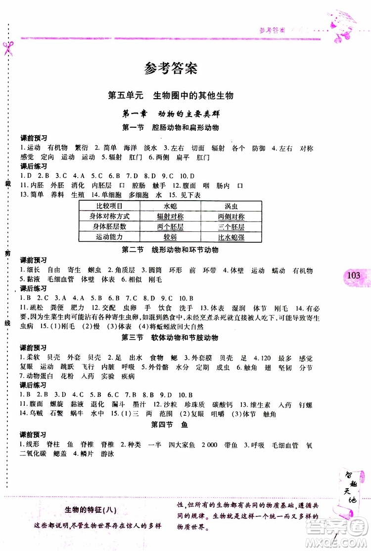 2019年新課程新練習(xí)生物八年級上冊人教版參考答案