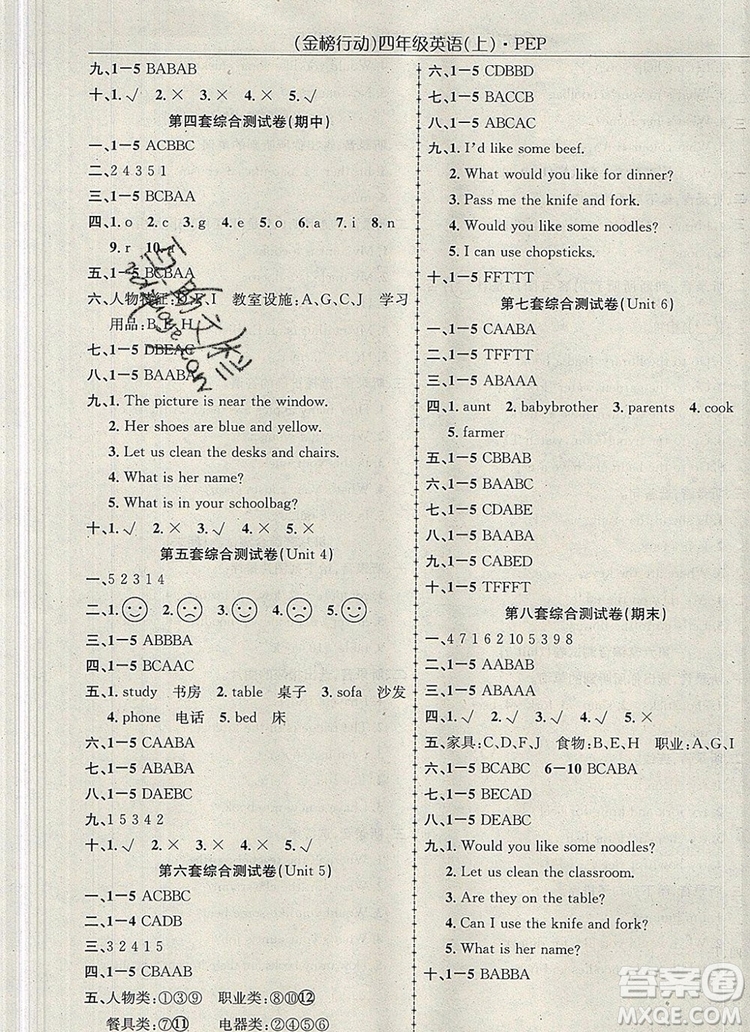 2019年金榜行動高效課堂助教型教輔四年級英語上冊人教版參考答案