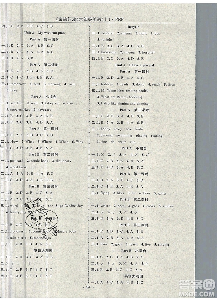 2019年金榜行動(dòng)高效課堂助教型教輔六年級(jí)英語上冊(cè)人教版參考答案