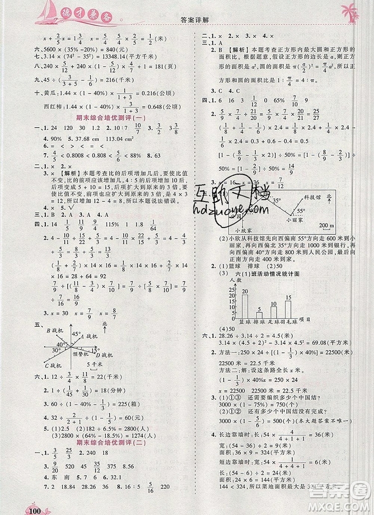 2019年秋新版王朝霞德才兼?zhèn)渥鳂I(yè)創(chuàng)新設計六年級數(shù)學上冊人教版答案