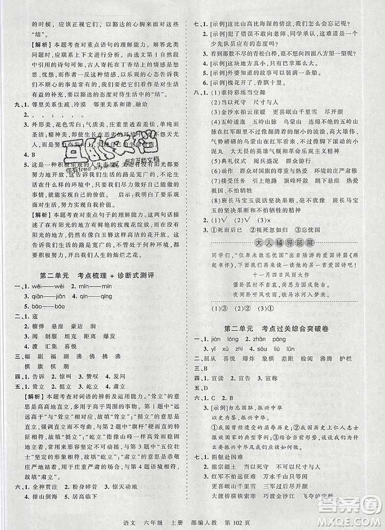 江西人民出版社2019年王朝霞考點梳理時習(xí)卷六年級語文上冊人教版答案