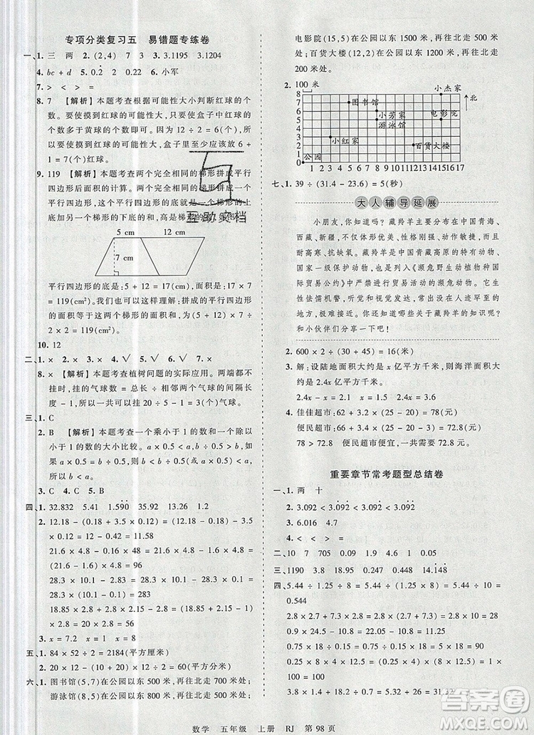 江西人民出版社2019年王朝霞考點梳理時習卷五年級數(shù)學上冊人教版答案