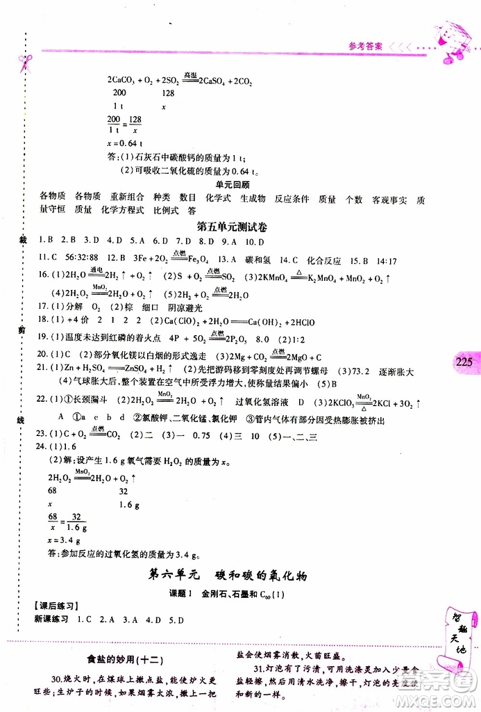 2019年新課程新練習(xí)化學(xué)九年級(jí)全一冊(cè)人教版參考答案