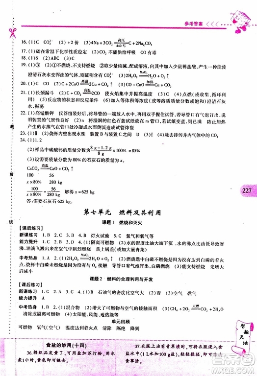 2019年新課程新練習(xí)化學(xué)九年級(jí)全一冊(cè)人教版參考答案