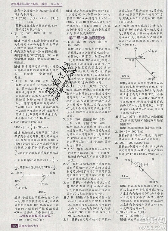 2019年考點集訓(xùn)與滿分備考六年級數(shù)學(xué)上冊人教版答案