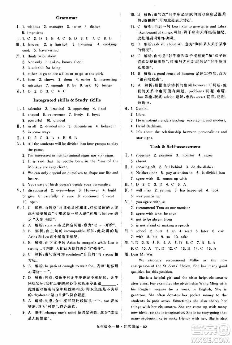 2019年經(jīng)綸學(xué)典學(xué)霸題中題英語九年級全一冊江蘇國際參考答案