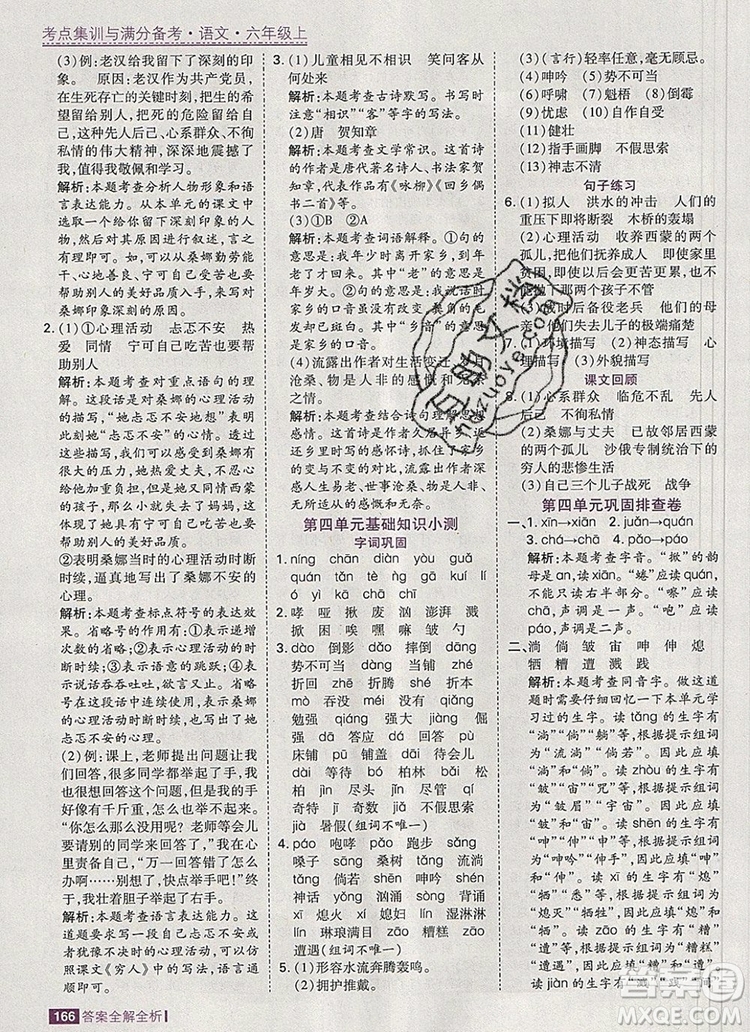 2019年考點集訓(xùn)與滿分備考六年級語文上冊人教版答案