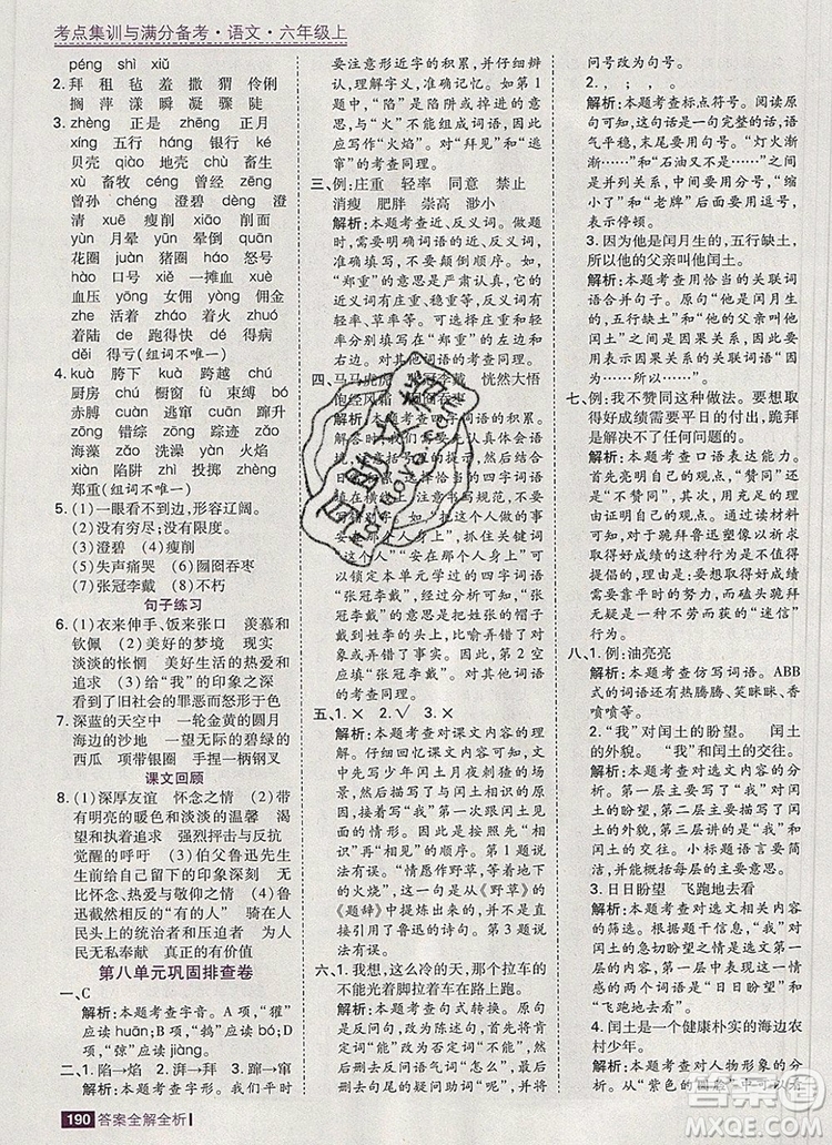 2019年考點集訓(xùn)與滿分備考六年級語文上冊人教版答案