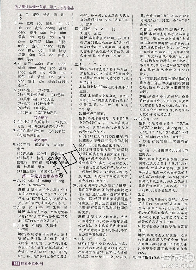 2019年考點(diǎn)集訓(xùn)與滿分備考五年級(jí)語(yǔ)文上冊(cè)人教版答案