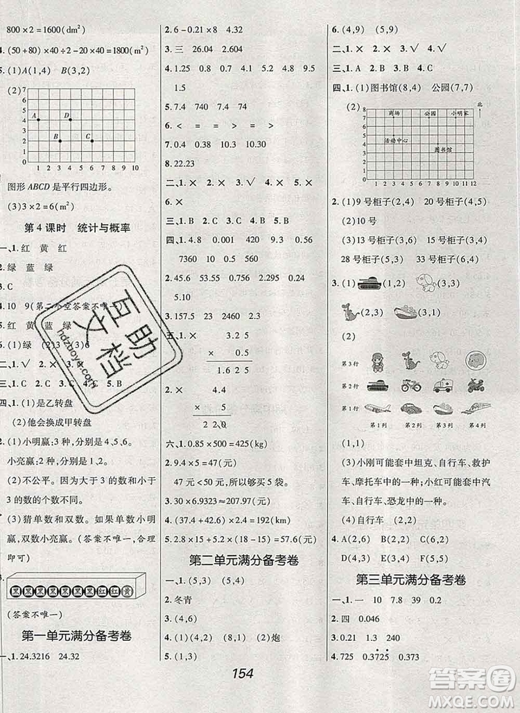 2019年人教版全優(yōu)課堂考點集訓與滿分備考五年級數(shù)學上冊答案