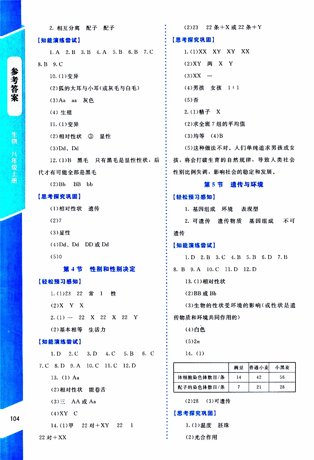 2019年課內(nèi)課外直通車生物八年級(jí)上冊(cè)北師大版參考答案