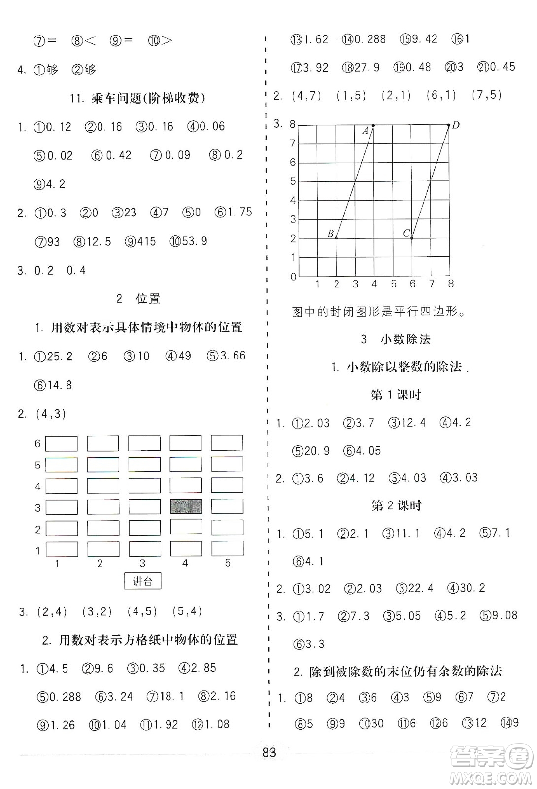 河北大學出版社2019五E口算題卡五年級上冊人教版答案