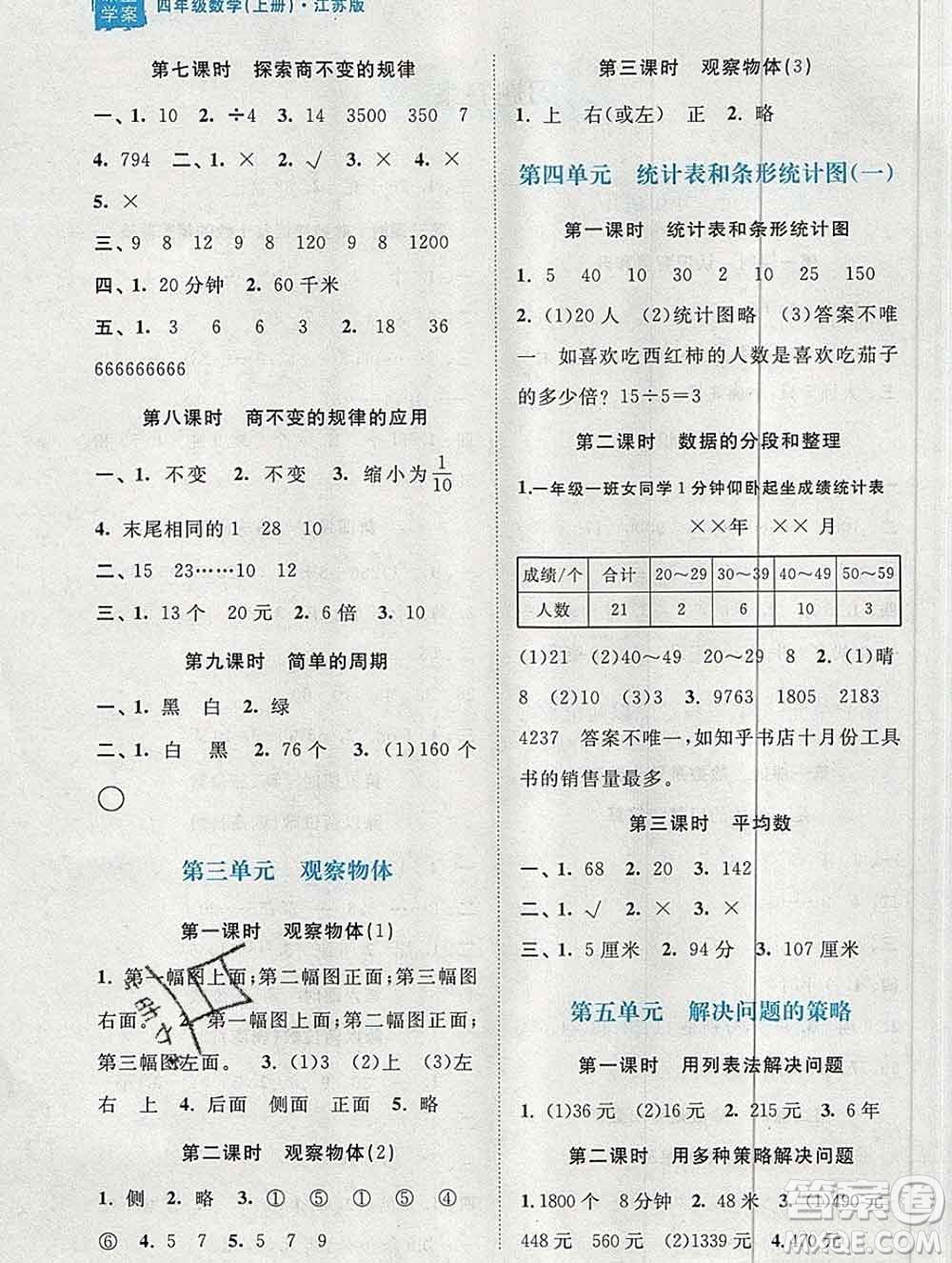 南京大學(xué)出版社2019秋金3練課堂學(xué)案四年級數(shù)學(xué)上冊江蘇版答案