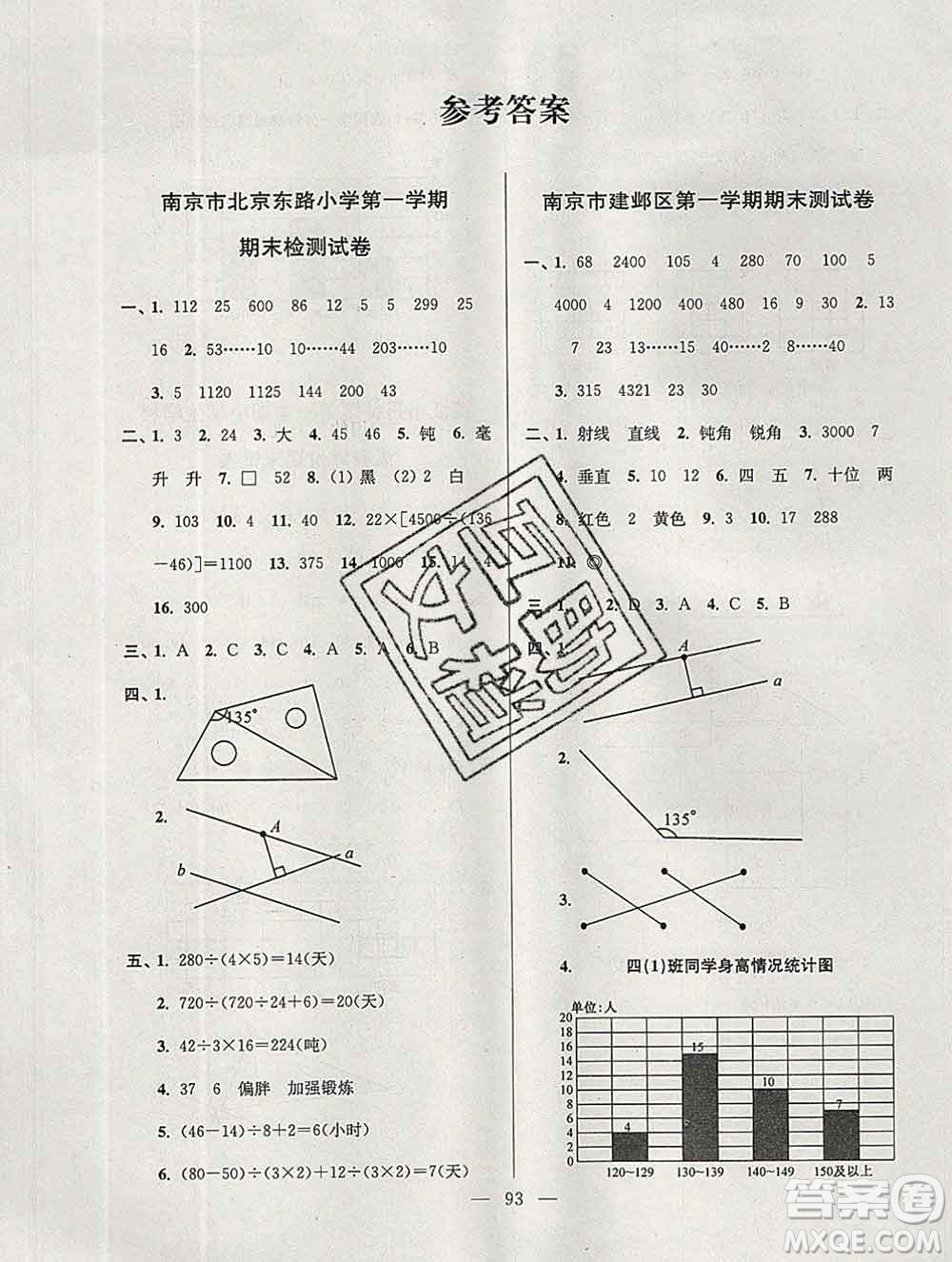 2019年超能學典各地期末試卷精選四年級數學上冊江蘇版答案