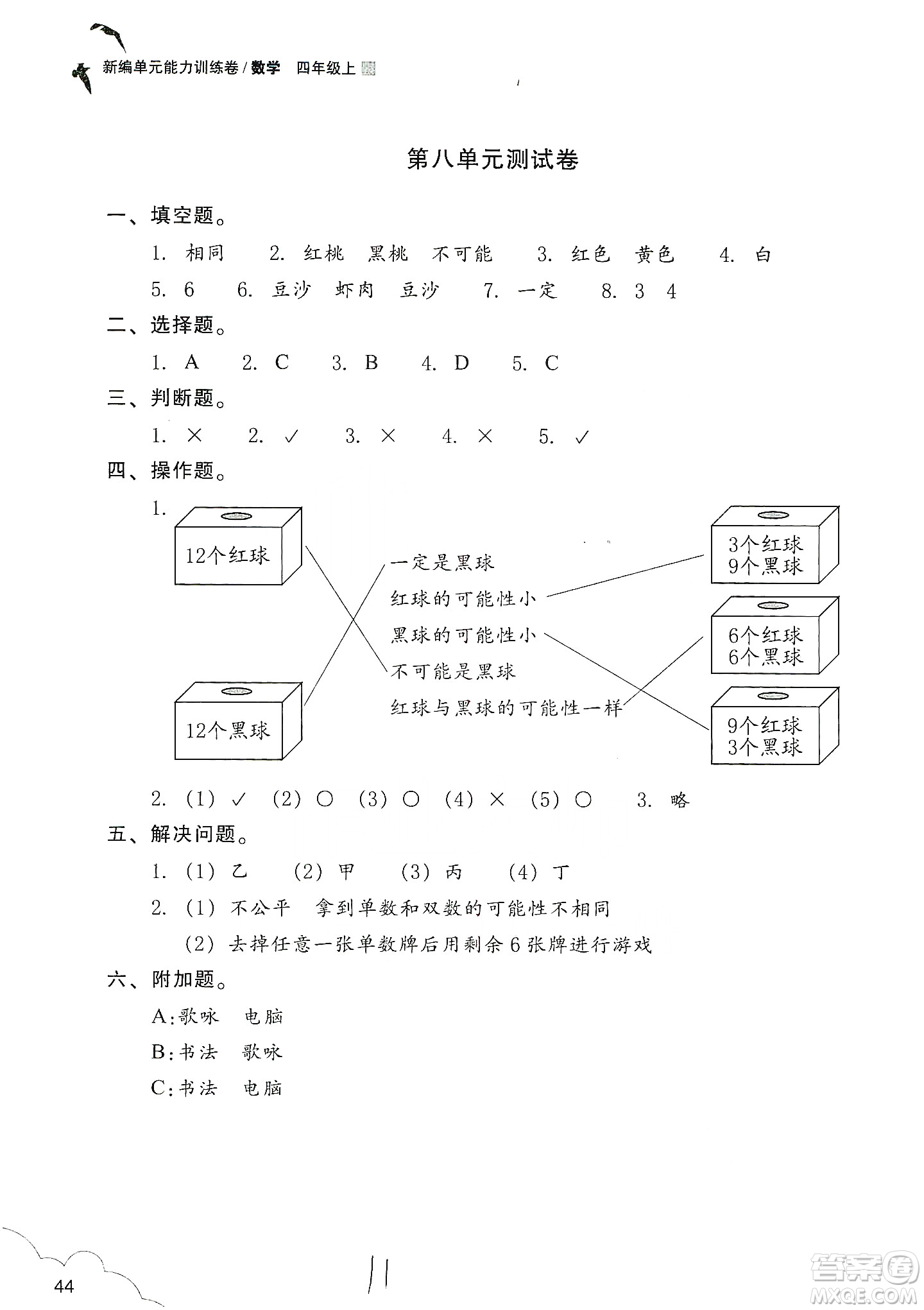 浙江教育出版社2019新編單元能力訓(xùn)練卷四年級數(shù)學上冊答案