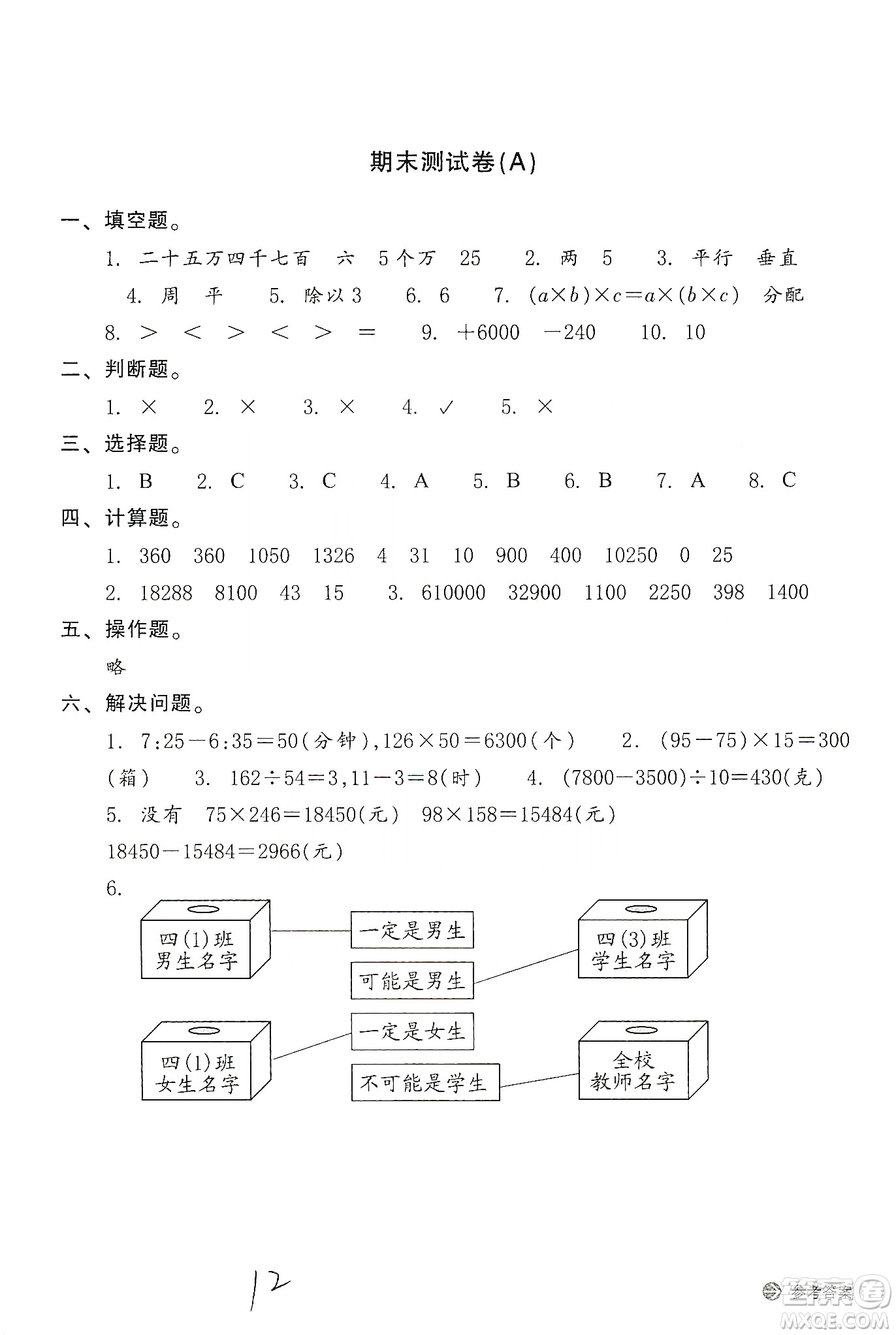 浙江教育出版社2019新編單元能力訓(xùn)練卷四年級數(shù)學上冊答案