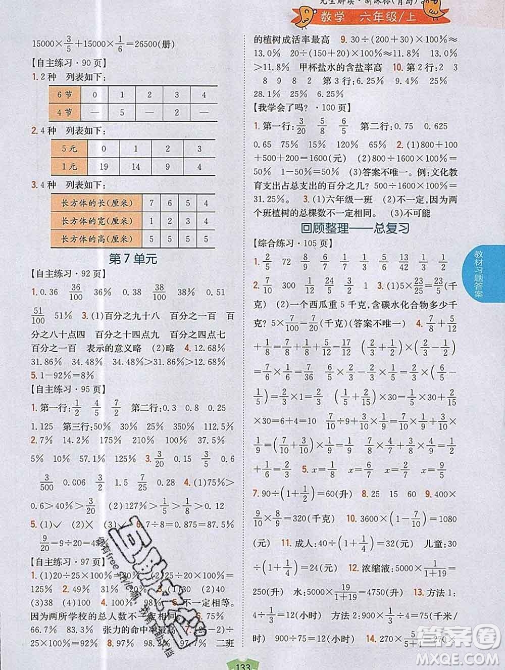 吉林人民出版社2019年小學(xué)教材全解讀六年級數(shù)學(xué)上冊青島版答案