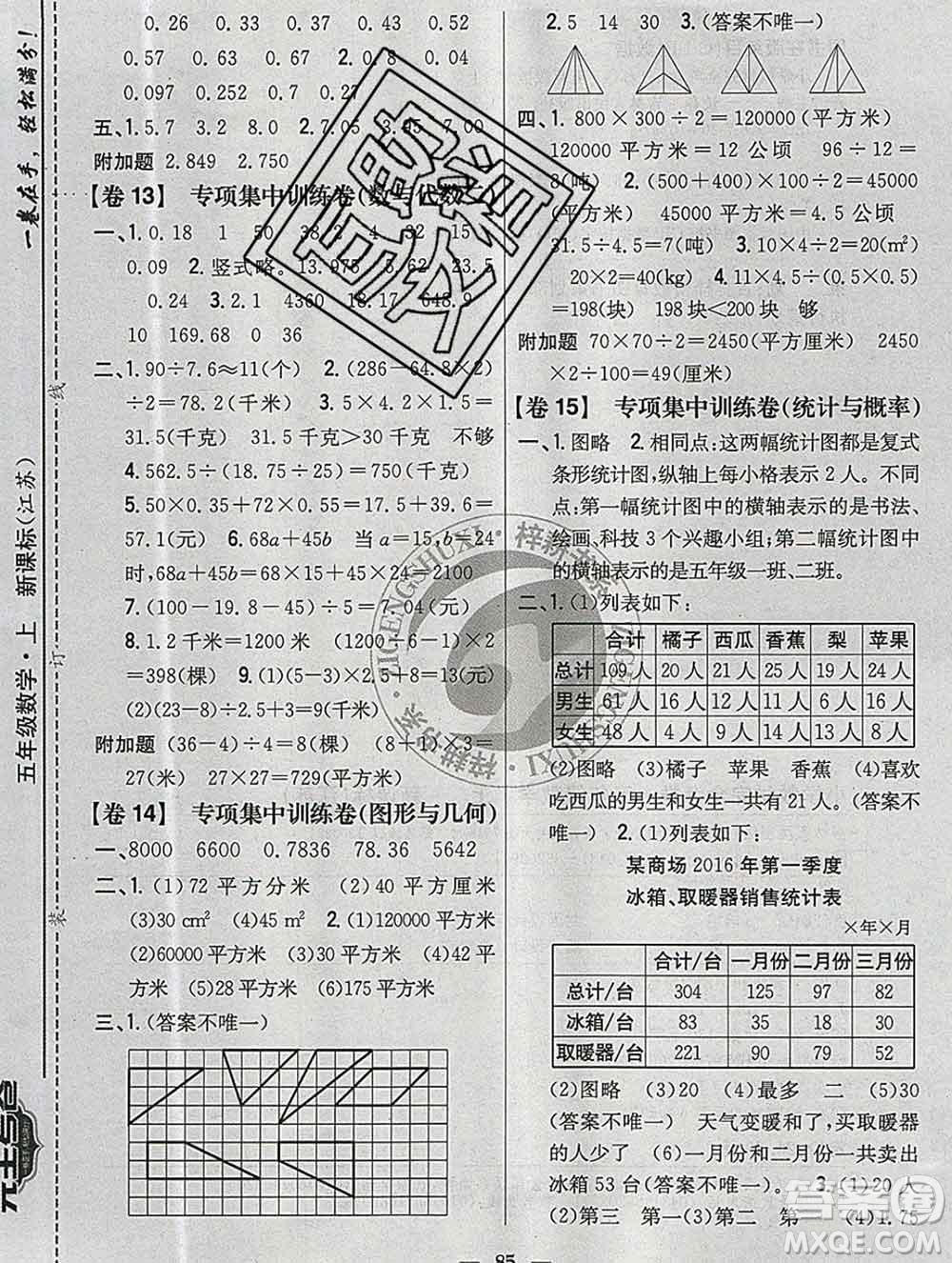 2019年小學教材完全考卷五年級數(shù)學上冊江蘇版答案