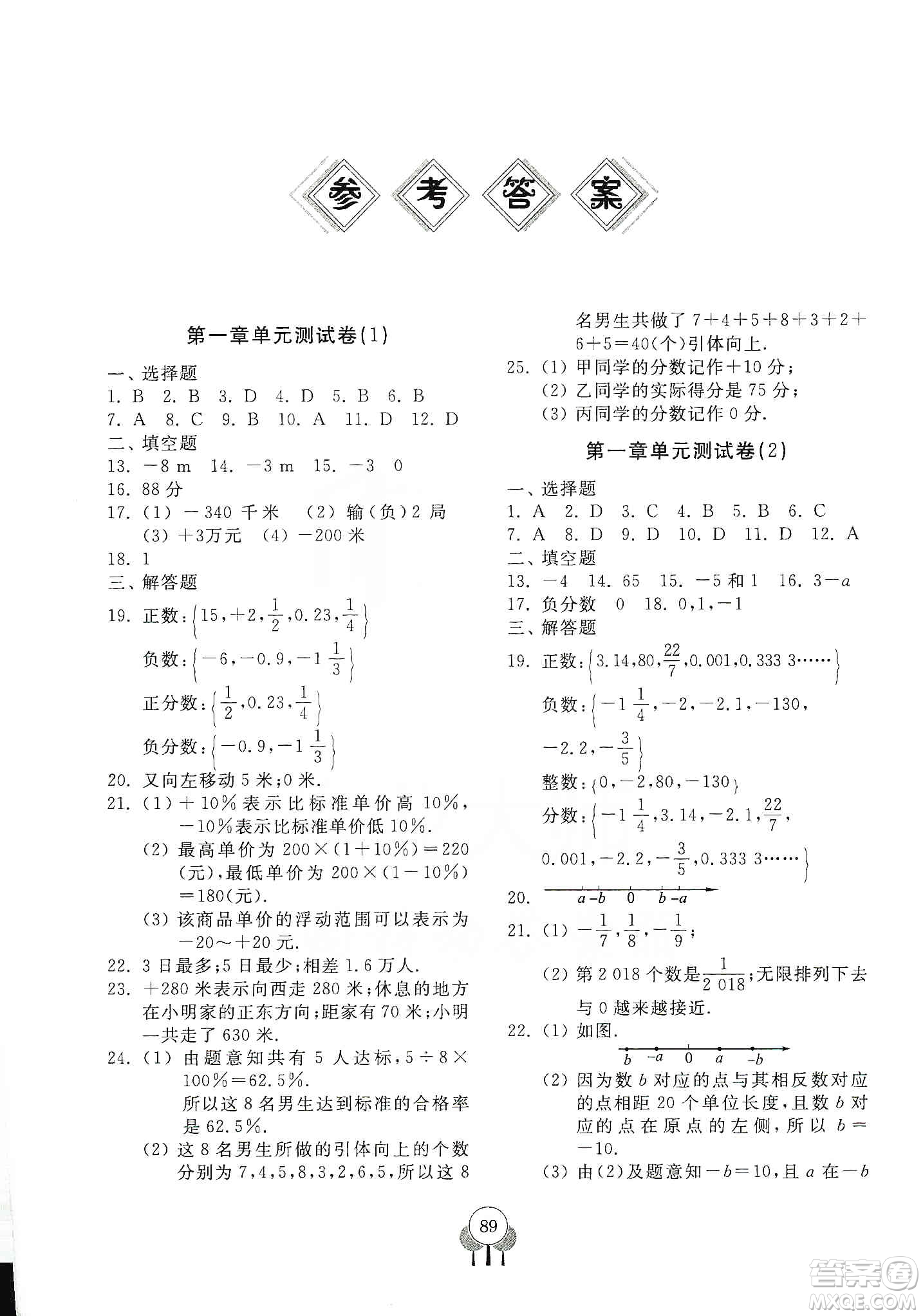 齊魯書社2019初中單元測試卷七年級數(shù)學(xué)上冊人教版答案