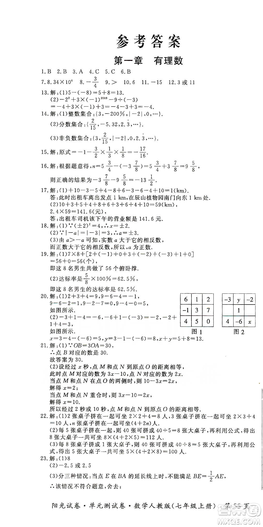 江西高校出版社2019陽光試卷單元測試卷七年級數(shù)學(xué)上冊人教版答案