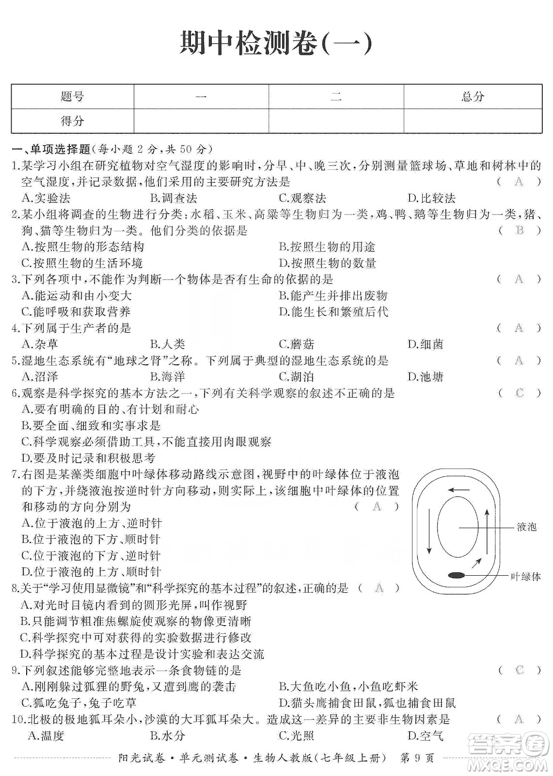 江西高校出版社2019陽(yáng)光試卷單元測(cè)試卷七年級(jí)生物上冊(cè)人教版答案