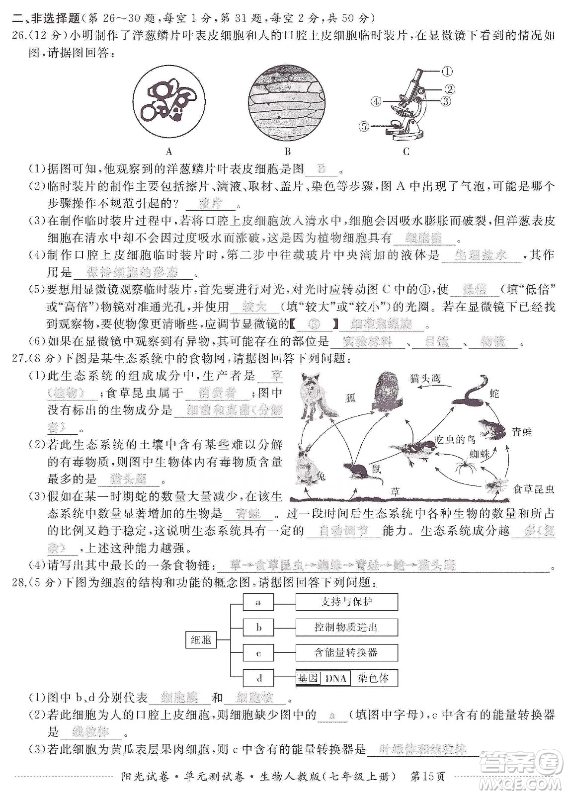 江西高校出版社2019陽(yáng)光試卷單元測(cè)試卷七年級(jí)生物上冊(cè)人教版答案