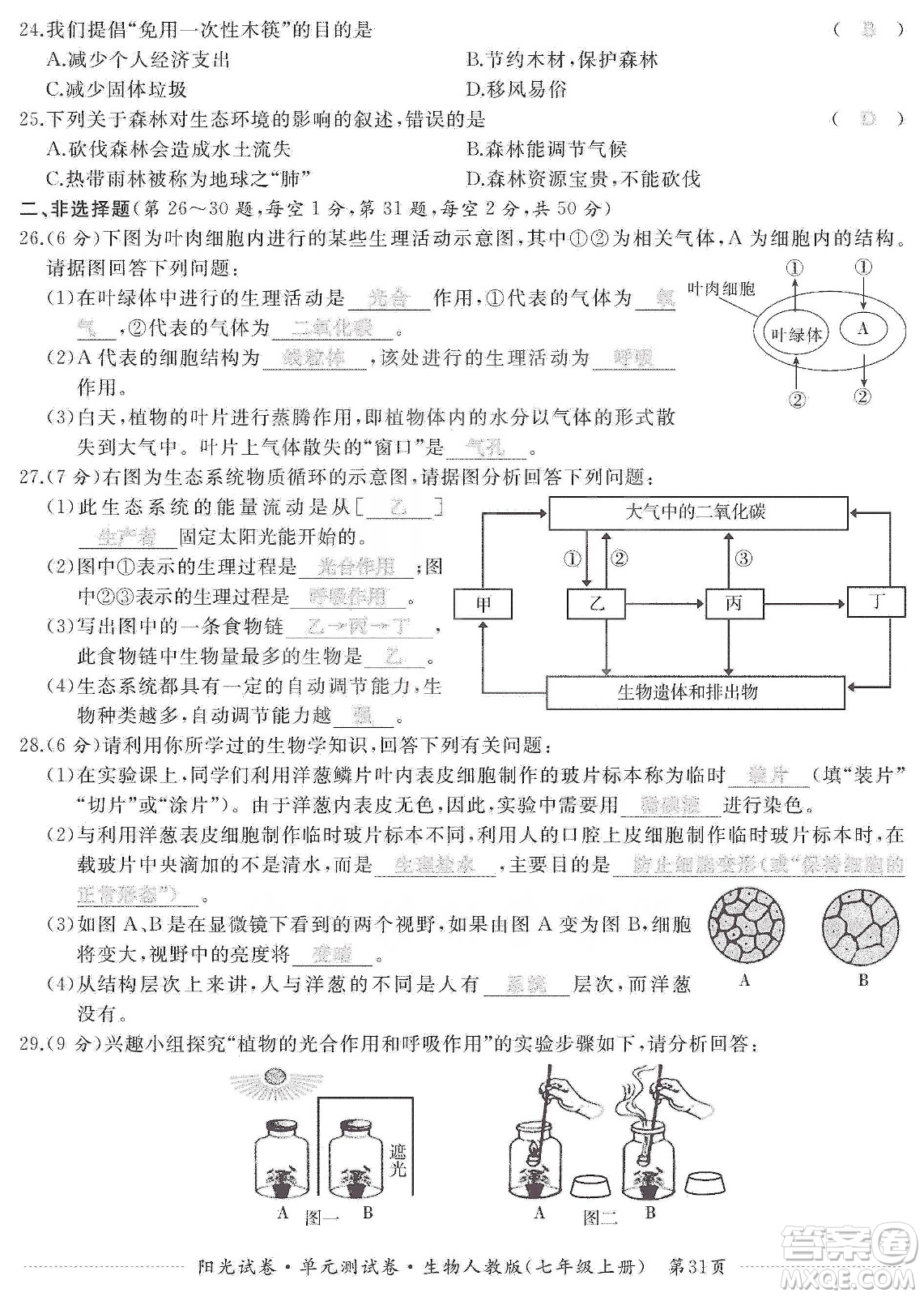 江西高校出版社2019陽(yáng)光試卷單元測(cè)試卷七年級(jí)生物上冊(cè)人教版答案