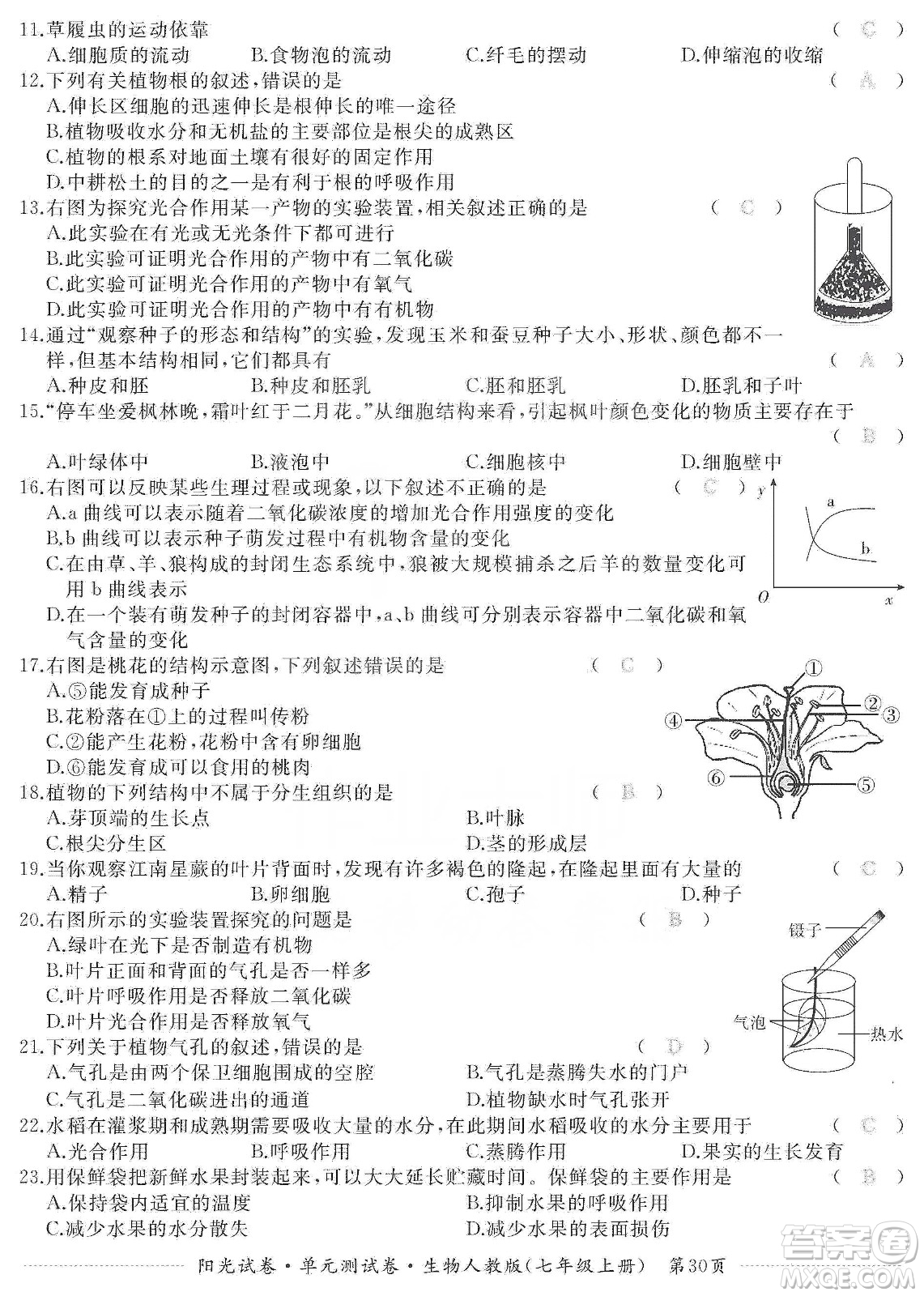 江西高校出版社2019陽(yáng)光試卷單元測(cè)試卷七年級(jí)生物上冊(cè)人教版答案