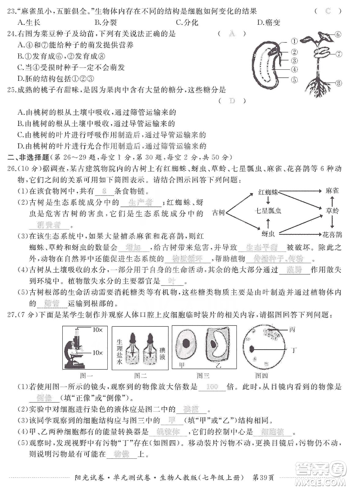 江西高校出版社2019陽(yáng)光試卷單元測(cè)試卷七年級(jí)生物上冊(cè)人教版答案