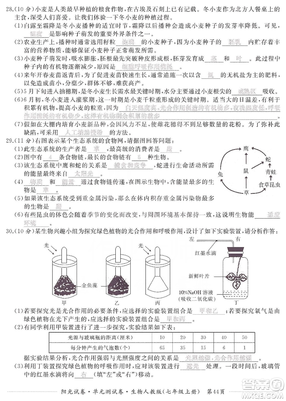 江西高校出版社2019陽(yáng)光試卷單元測(cè)試卷七年級(jí)生物上冊(cè)人教版答案