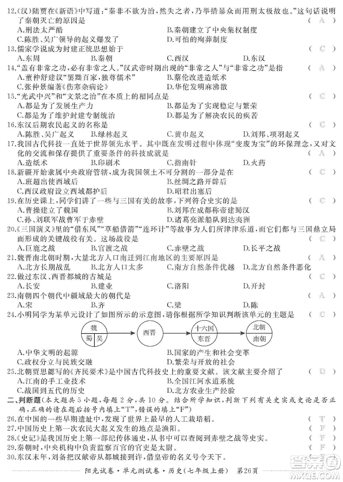 江西高校出版社2019陽光試卷單元測試卷七年級歷史上冊人教版答案