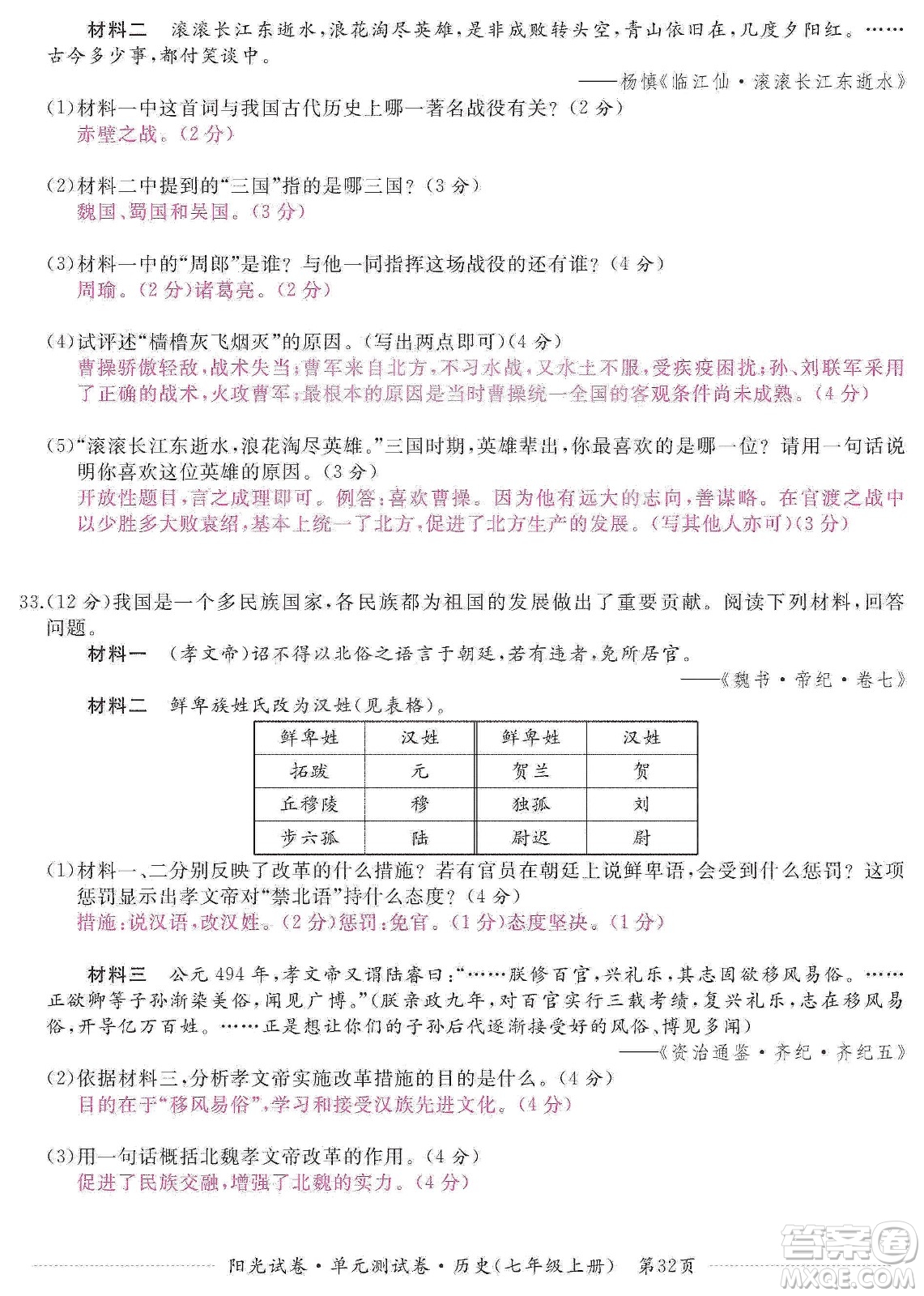 江西高校出版社2019陽光試卷單元測試卷七年級歷史上冊人教版答案