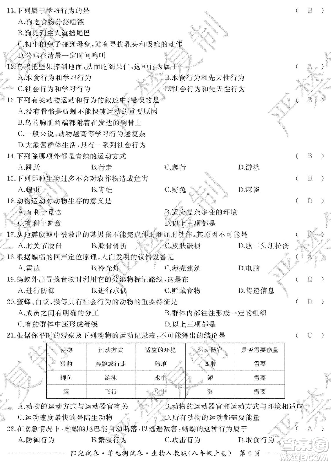 江西高校出版社2019陽(yáng)光試卷單元測(cè)試卷八年級(jí)生物上冊(cè)人教版答案