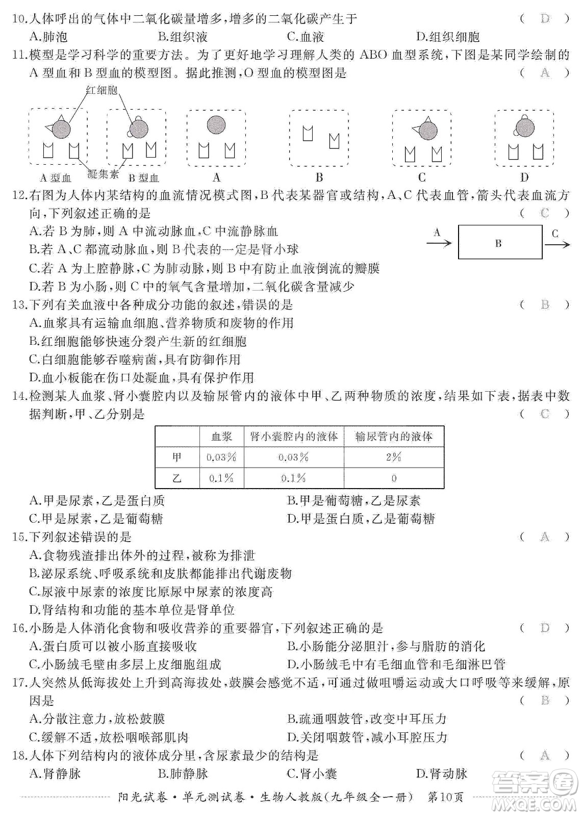 江西高校出版社2019陽光試卷單元測試卷九年級生物全一冊人教版答案