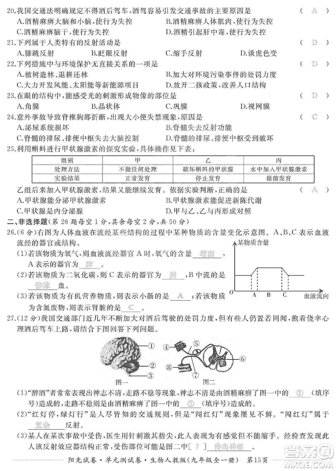 江西高校出版社2019陽光試卷單元測試卷九年級生物全一冊人教版答案