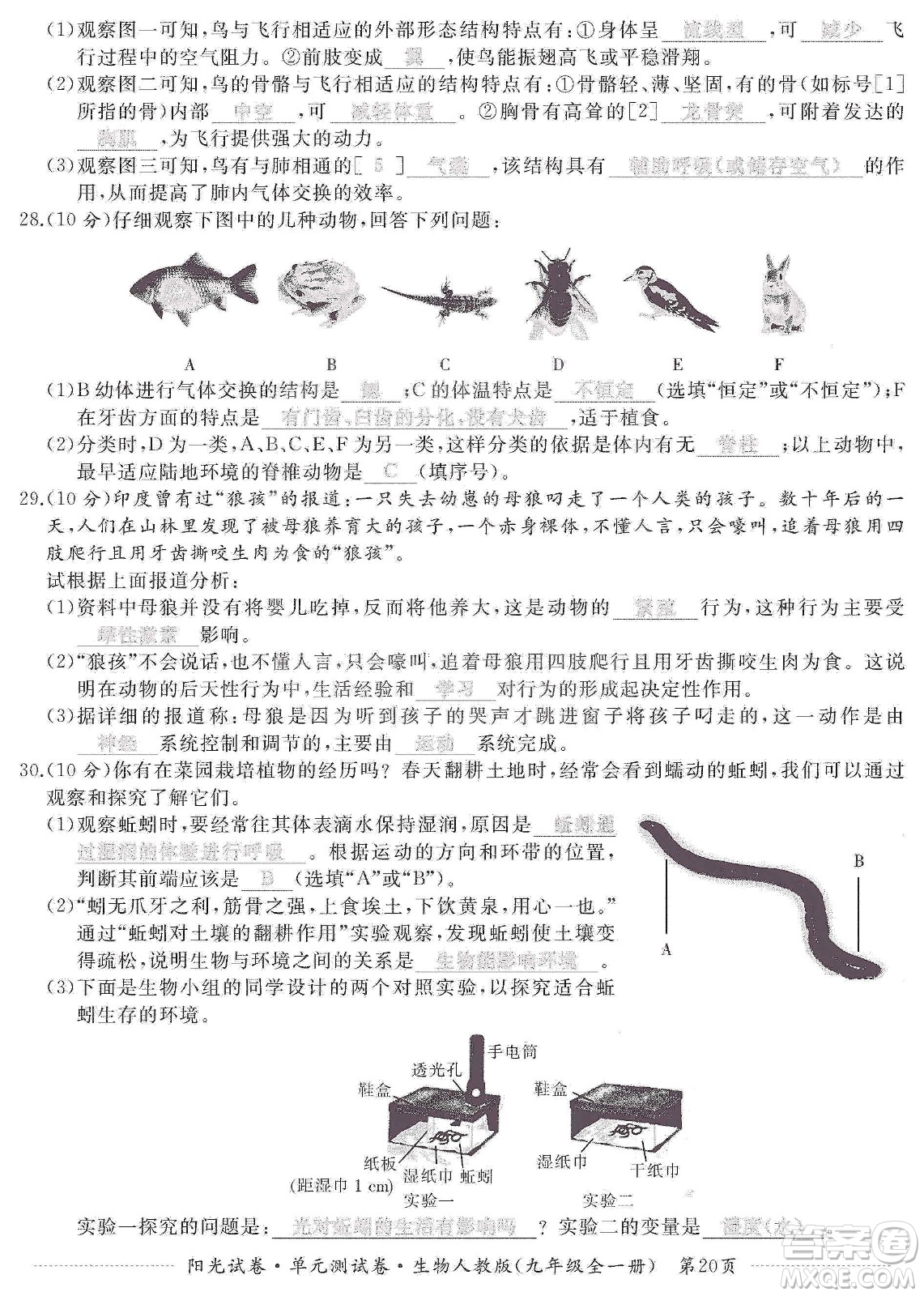 江西高校出版社2019陽光試卷單元測試卷九年級生物全一冊人教版答案