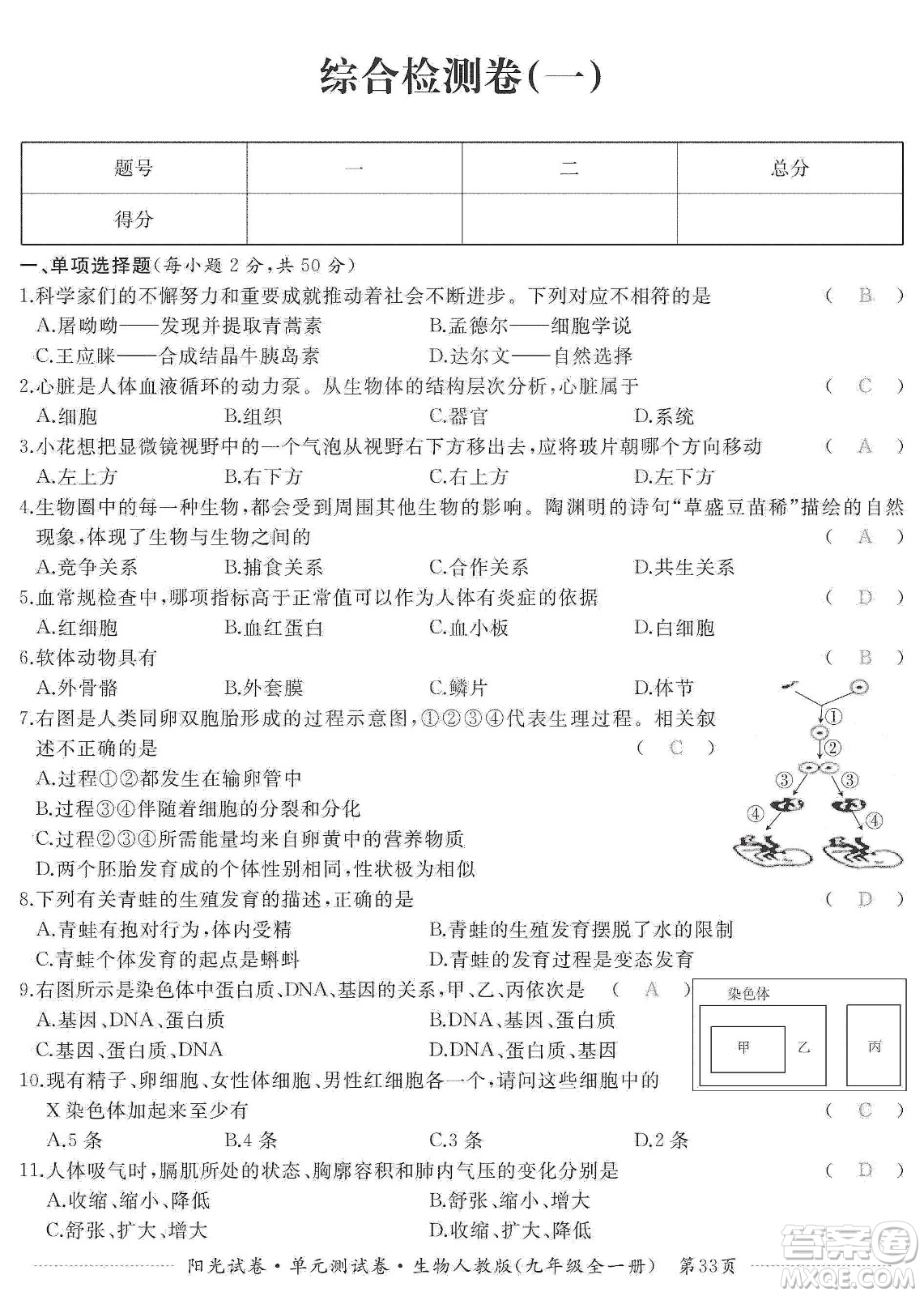 江西高校出版社2019陽光試卷單元測試卷九年級生物全一冊人教版答案