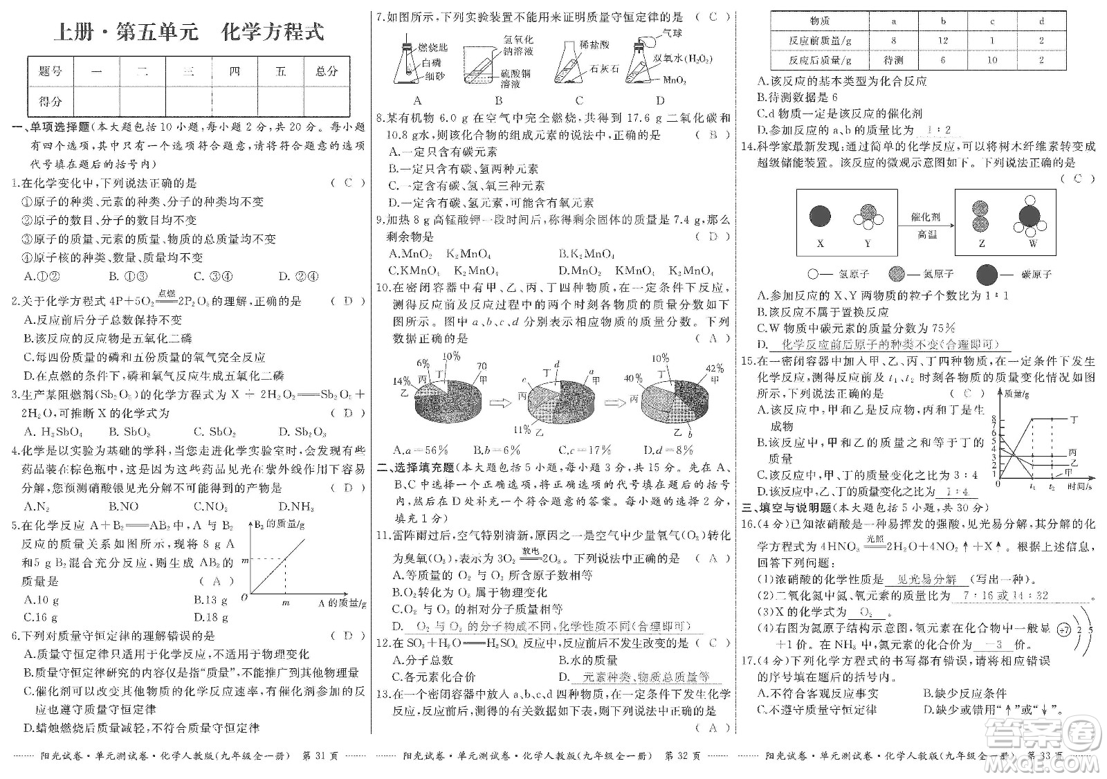 江西高校出版社2019陽(yáng)光試卷單元測(cè)試卷九年級(jí)化學(xué)全一冊(cè)人教版答案