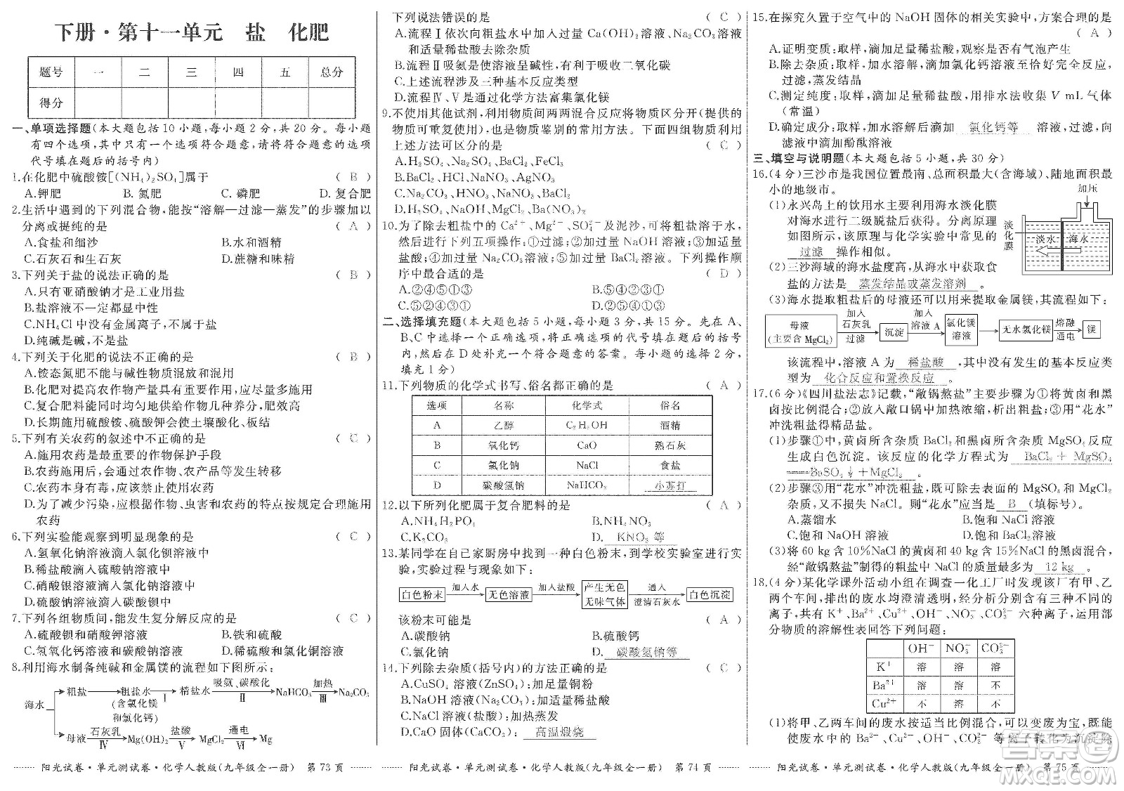 江西高校出版社2019陽(yáng)光試卷單元測(cè)試卷九年級(jí)化學(xué)全一冊(cè)人教版答案