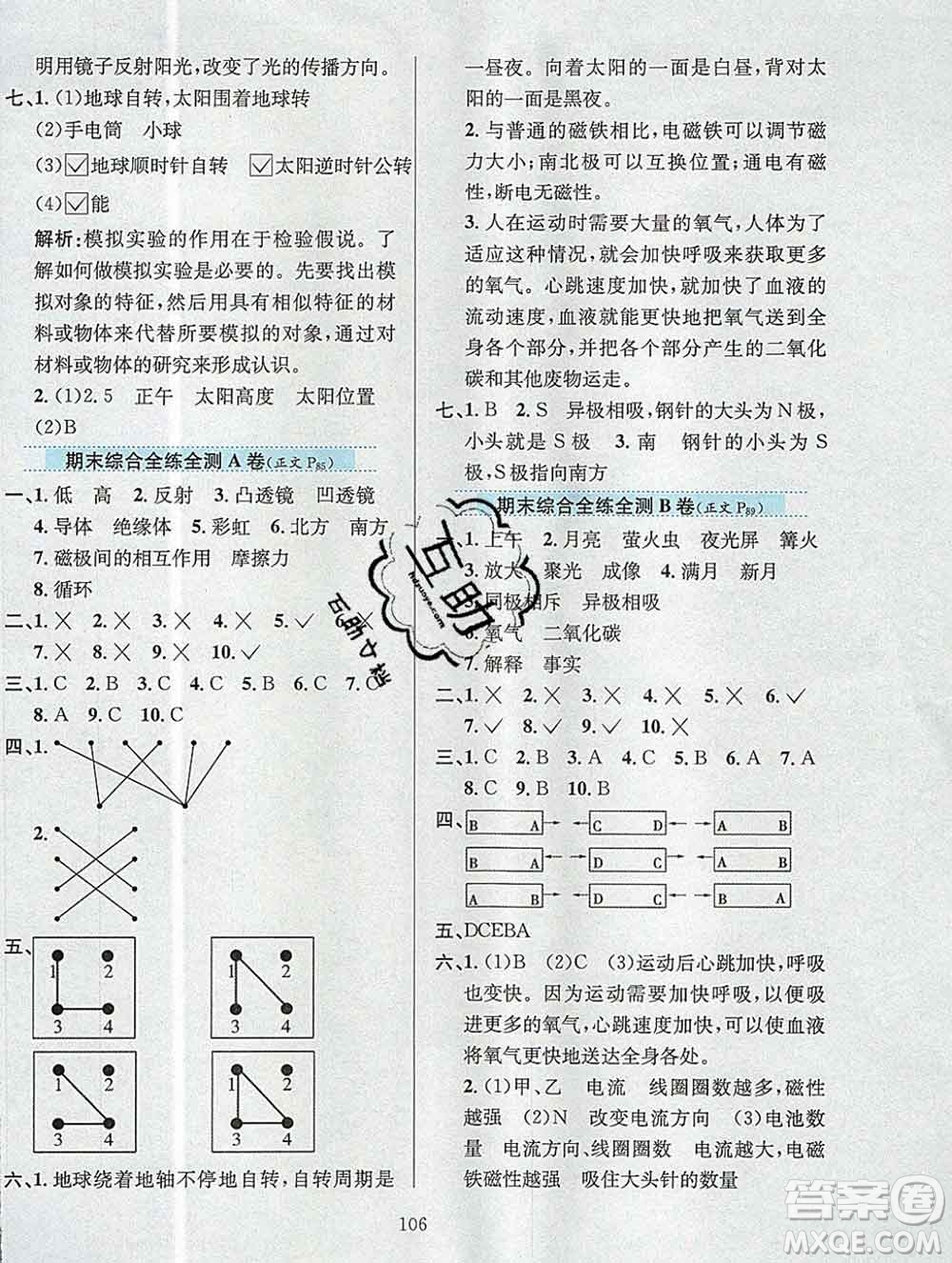 陜西人民教育出版社2019年小學(xué)教材全練五年級科學(xué)上冊江蘇版答案